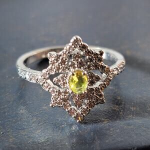 Ornate Rhodium-Plated Size 9 Ring with Yellow Gemstone and Intricate Detailing